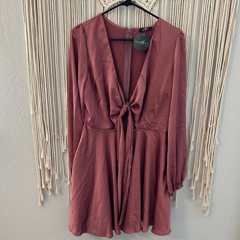 Long Sleeve Tie-Front Dress in Rust